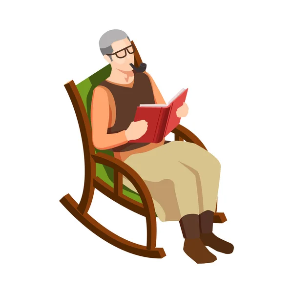 Isométrico Anciano Relajante Mecedora Lectura Libro Vector Ilustración — Vector de stock