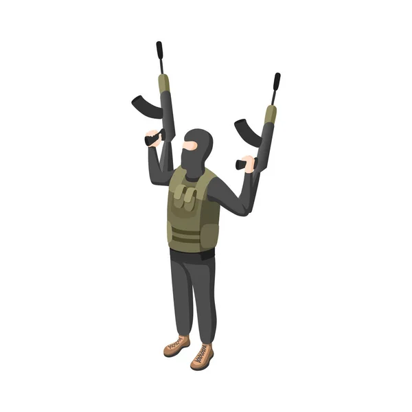 2つのアサルトライフルを保持しているテロ犯罪ギャングのアイソメトリックキャラクター3Dベクトルイラスト — ストックベクタ