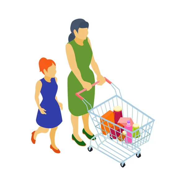 家族はスーパーマーケットでトロリーと買い物をする3Dアイソメトリックベクトルイラスト — ストックベクタ