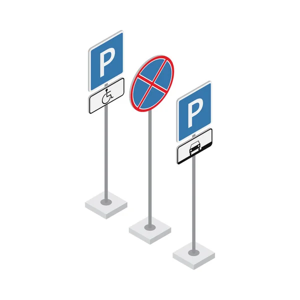 Parken Straßenschilder Auf Weißem Hintergrund Isometrische Vektorabbildung — Stockvektor