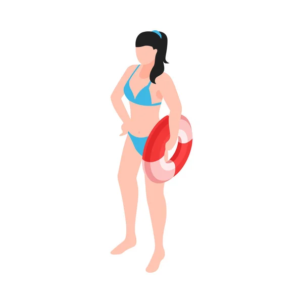 Isometric Charakter Kobiety Ratownik Plaży Trzymając Ratownik Życie Wektor Ilustracja — Wektor stockowy