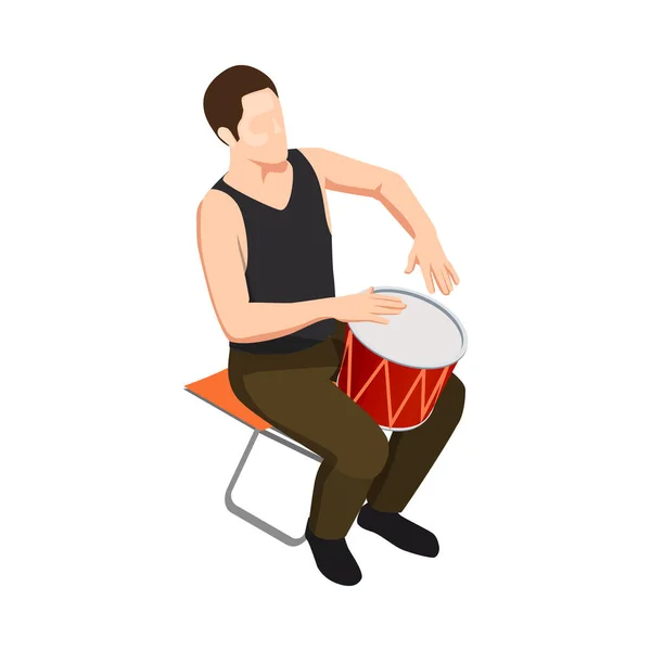 ドラムを演奏する等角男性ストリートミュージシャン3Dベクトルイラスト — ストックベクタ