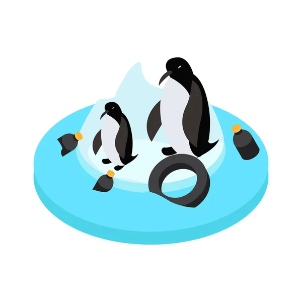 Изометрическая Концепция Пластмассового Загрязнения Пингвинами Льду Загрязненном Море Векторная Иллюстрация — стоковый вектор