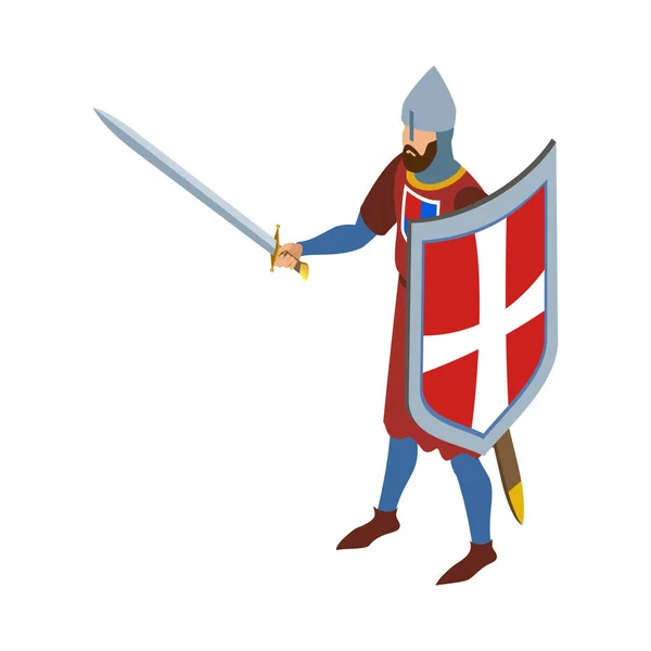 Ortaçağ Şövalyesinin Kalkanlı Kılıç Vektör Illüstrasyonlu Isome Karakteri — Stok Vektör