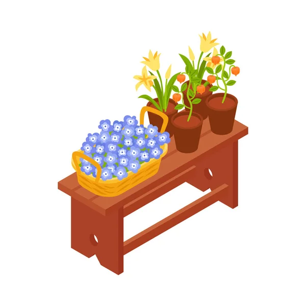 花店内部的图标 花朵盛放在木桌上的花盆和花篮中 等距矢量图解 — 图库矢量图片