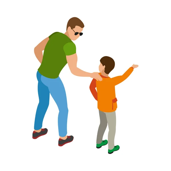 小さな男の子に何かを示す彼のお父さんに歩くアイソメトリックベクトルイラスト — ストックベクタ