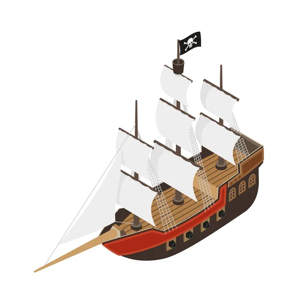Isométrico Barco Pirata Con Velas Blancas Bandera Negra Vector Ilustración — Vector de stock