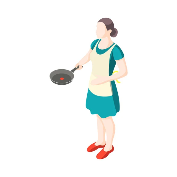 头戴围裙的家庭主妇拿着煎锅等距图标矢量插图 — 图库矢量图片