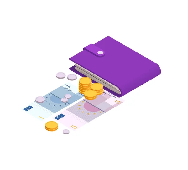 Paarse Portemonnee Met Bankbiljetten Munten Isometrische Pictogram Vector Illustratie — Stockvector