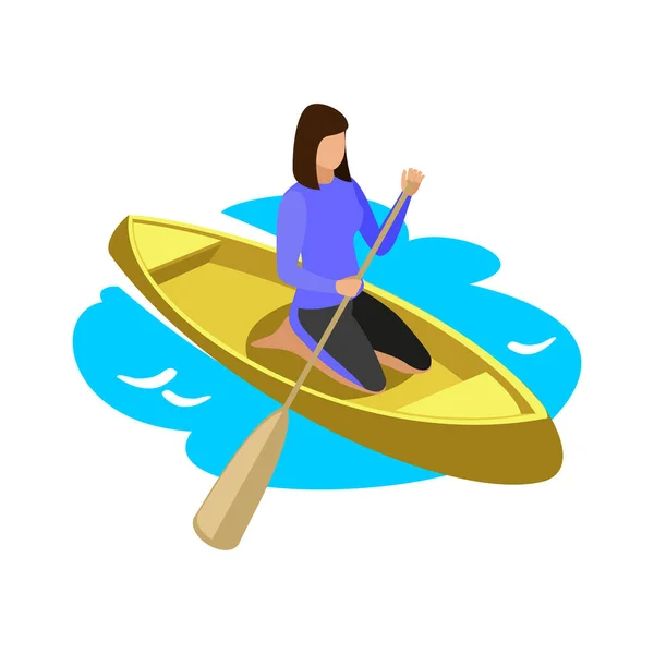 Deportes Acuáticos Kayak Icono Isométrico Con Mujer Barco Vector Ilustración — Vector de stock