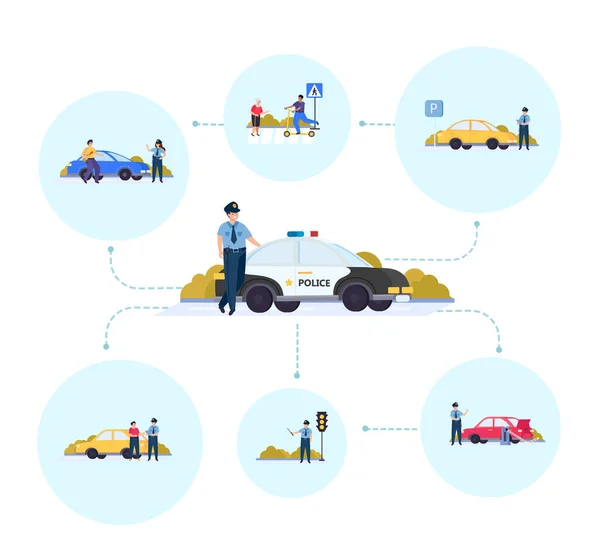 Traffic Police Flat Composition Set Police Officer Works Traffic Controller — Stock Vector
