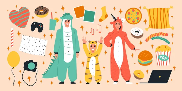 衣装やさまざまなパーティー属性の人々とキグルミパジャマ大きなアイコンセットベクトルイラスト — ストックベクタ