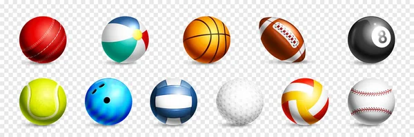 Realistiska Sport Boll Transparent Ikon Set Basket Fotboll Strand Rugby — Stock vektor