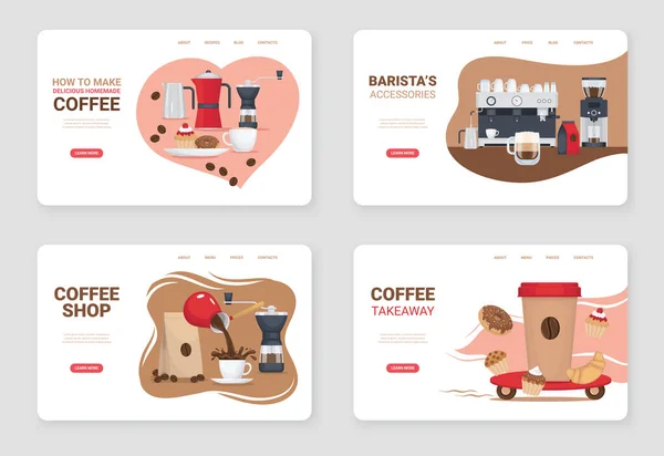 Barista Platte Kaarten Set Met Koffieshop Items Geïsoleerde Vector Illustratie — Stockvector