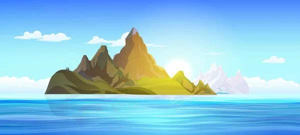 蓝海和绿岛的平坦景观 背景为群山 天空矢量清晰 — 图库矢量图片
