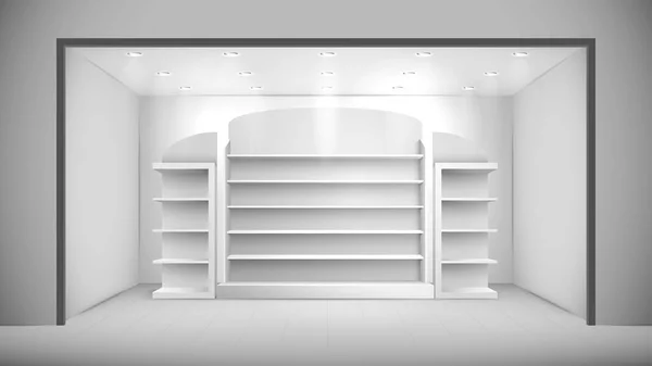Realistic Store Interior Empty White Shelves Ceiling Lights Vector Illustration — Stock Vector