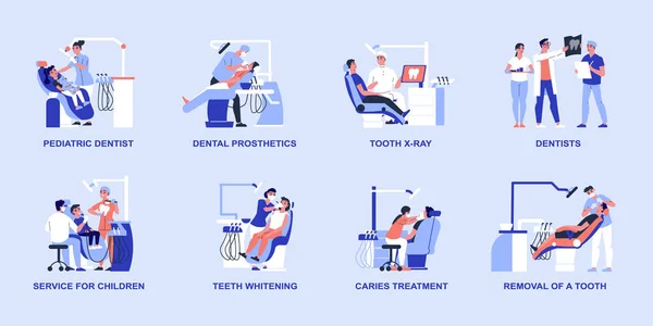 Composizioni Dentistiche Mediche Con Simboli Trattamento Illustrazione Vettoriale Isolata Piatta — Vettoriale Stock