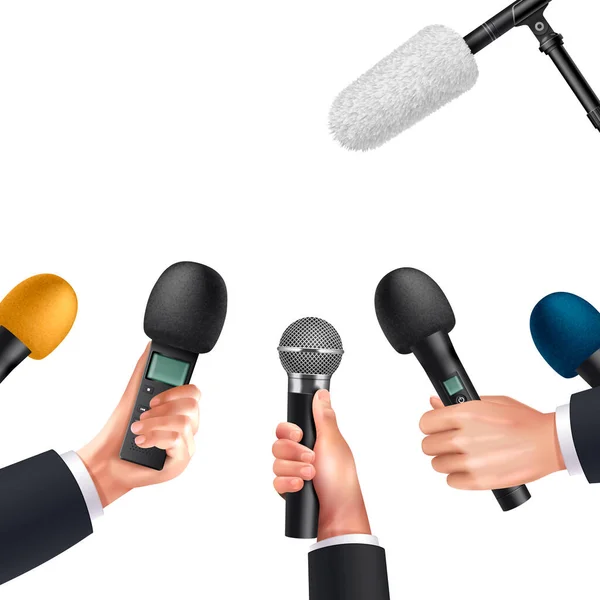 Microfone Ícones Realistas Conjunto Com Mãos Repórter Segurando Equipamentos Áudio — Vetor de Stock