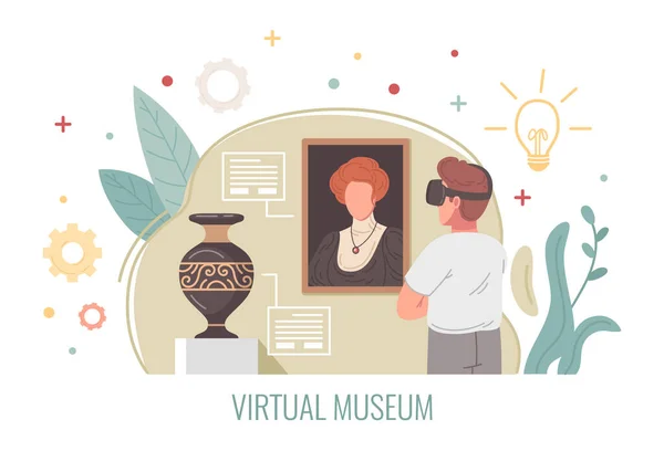 Concept Dessin Animé Musée Réalité Virtuelle Avec Homme Ayant Visite — Image vectorielle