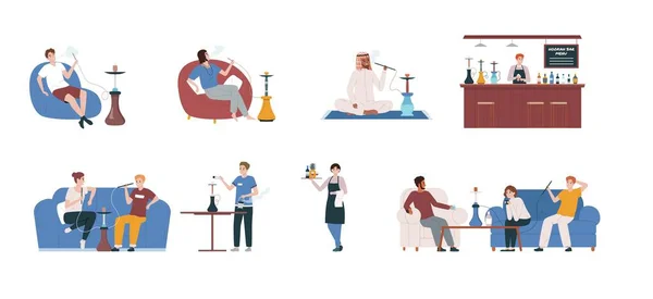 Hookah Bar Flat Icon Set Guys Girls Sit Couches Waiters — Stock Vector