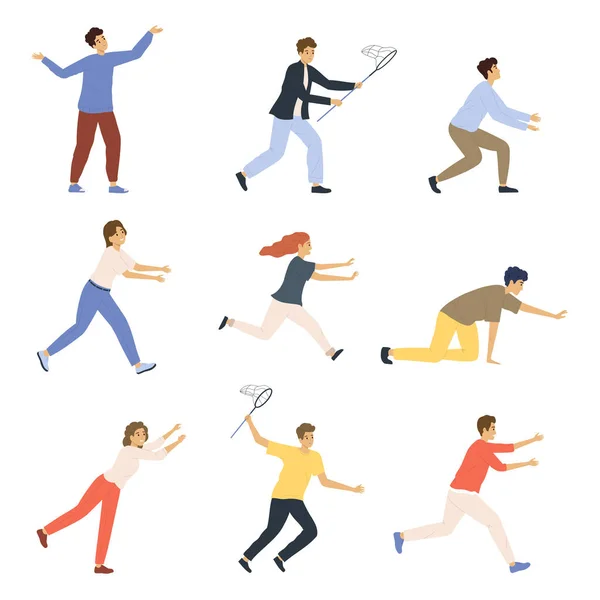 Isolated Catching People Flat Icon Set Different People Running Something — Stock Vector