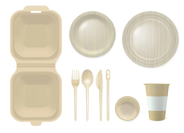 可处置餐具一套实用的塑料杯叉勺子盘和饭盒隔离病媒图解 — 图库矢量图片