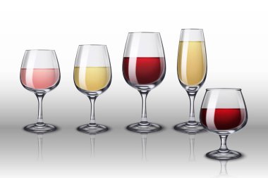 Alkol içecekler cam bileşimi gerçekçi bir ön görünüm ve çeşitli şarap kadehleri gradyan arka plan illüstrasyonunda