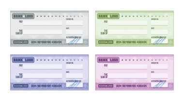 Beyaz arkaplan vektörü illüstrasyonunda el yazısıyla yazılmış gerçekçi bir set ile çok renkli boş banka denetimi