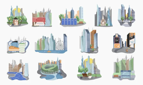Megapolis Città Con Simboli Architettura Piatto Isolato Vettoriale Illustrazione — Vettoriale Stock