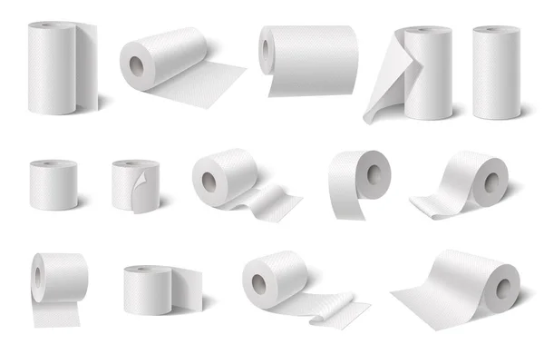 Toiletpapier Keukendoeken Rollen Set Met Geïsoleerde Pictogrammen Realistische Beelden Van — Stockvector