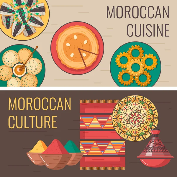 Marruecos Viaje Turístico Conjunto Dos Pancartas Horizontales Con Texto Editable — Vector de stock