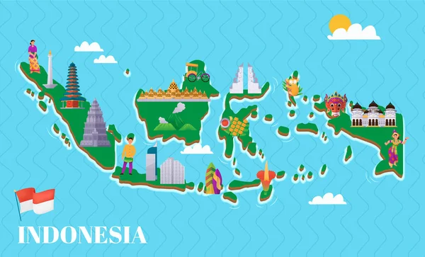 Indonesien Karta Affisch Med Resesymboler Och Landmärken Platt Vektor Illustration — Stock vektor
