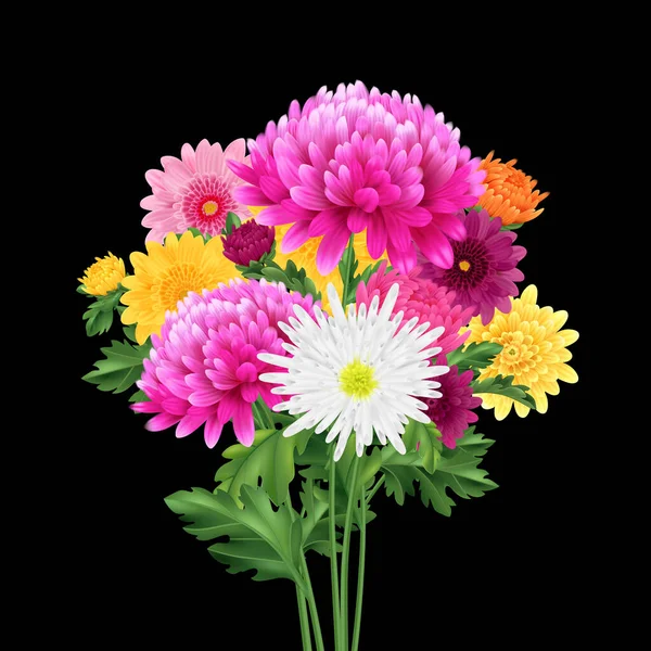 Realistischer Chrysanthemenstrauß Mit Bunten Blumenzwiebeln Auf Dunklem Hintergrund — Stockvektor