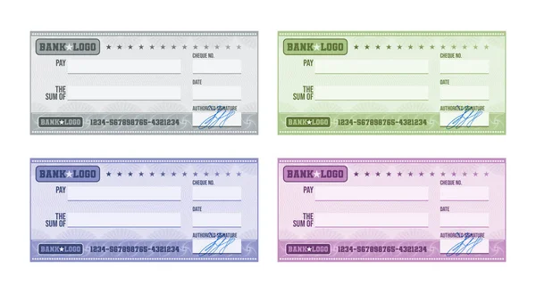 Multicolored Blank Bank Check Handwritten Signature Realistic Set Isolated White — Stock Vector