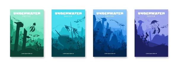 Unterwasser Farbiges Plakatset Mit Silhouetten Versunkener Schiffe Riffe Fische Und — Stockvektor