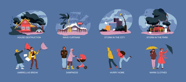 Regen Sturm Flache Komposition Mit Menschen Wasserdichten Kleidern Und Naturkatastrophen — Stockvektor