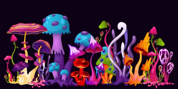 Hallucination Horizontal Illustration Bright Multicolored Magic Psychedelic Mushrooms Black Background — Stock Vector