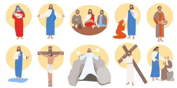Jesus Christ Life Flat Set Isolé Sur Fond Blanc Illustration — Image vectorielle