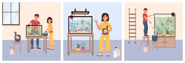 水族館を掃除する人々の屋内ビューを持つ3つの水族館クリーンケアフラット組成のセットベクトルイラスト — ストックベクタ