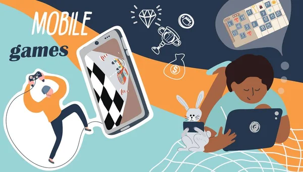 Juegos Móviles Collage Plano Con Texto Personas Con Gadgets Esbozar — Vector de stock