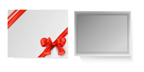 空白的白色礼品盒 装饰着红丝带和弓形现实的概念孤立的病媒图解 — 图库矢量图片