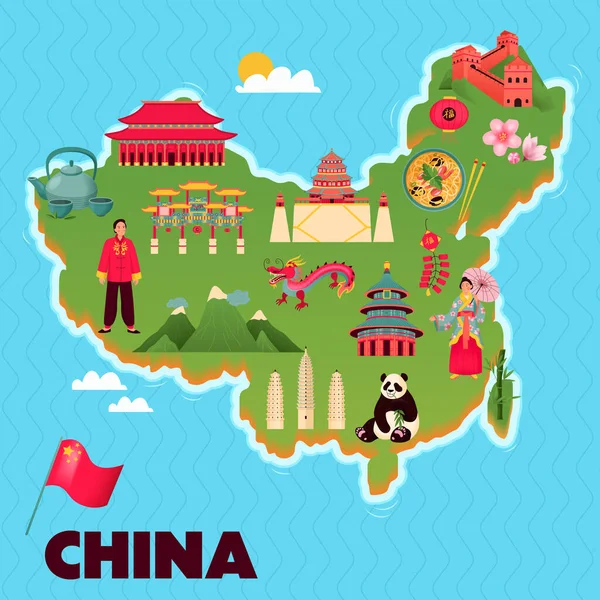 Kina Karta Platt Koncept Med Resor Symboler Och Landmärken Vektor — Stock vektor