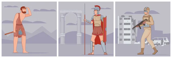 Savaş Evrimi Tarihi Eski Savaşçı Ortaçağ Şövalyesi Modern Asker Çizimleriyle — Stok Vektör
