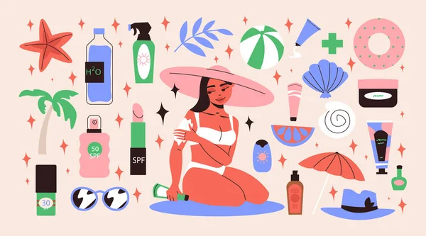 Sunblockg Iconos Planos Con Mujer Bikini Aplicación Protector Solar Producto — Archivo Imágenes Vectoriales