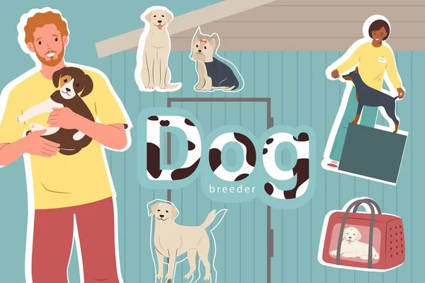 Düz Hayvan Simgeleriyle Köpek Yetiştiriciliği Kolajı Nsan Sahipleriyle Hayvan Taşıyıcıları — Stok Vektör