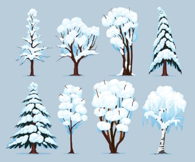 Yaprak döken ve kozalaklı ağaçlar, karla kaplı dallar, kışın mavi arkaplan izole edilmiş vektör illüstrasyonuna ayarlanmış.