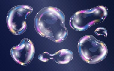 Şeffaf arkaplan izole edilmiş vektör illüstrasyonunda gökkuşağı renginde su köpüğü baloncukları ayarlandı