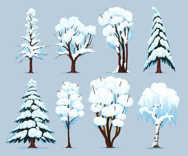 Árboles Especies Caducifolias Coníferas Con Ramas Cubiertas Nieve Invierno Fondo — Vector de stock