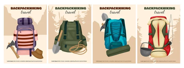 Batoh Turistika Ploché Barevné Plakáty Set Cestovními Batohy Turistické Vybavení — Stockový vektor