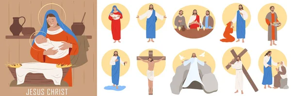Jezus Christus Leven Van Geboorte Tot Opstanding Platte Compositie Set — Stockvector